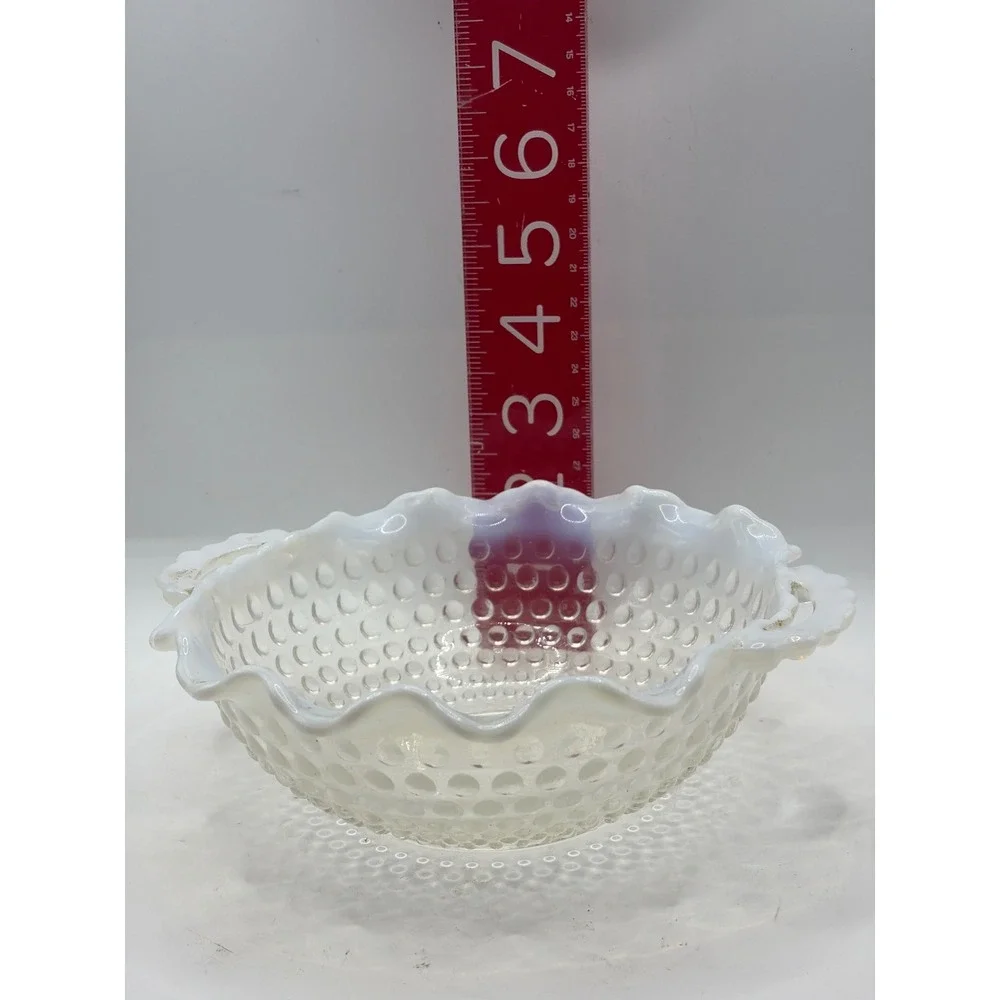 White Opalescent Hobnail Ruffled Double Handled Candy Dish Nappy Bowl